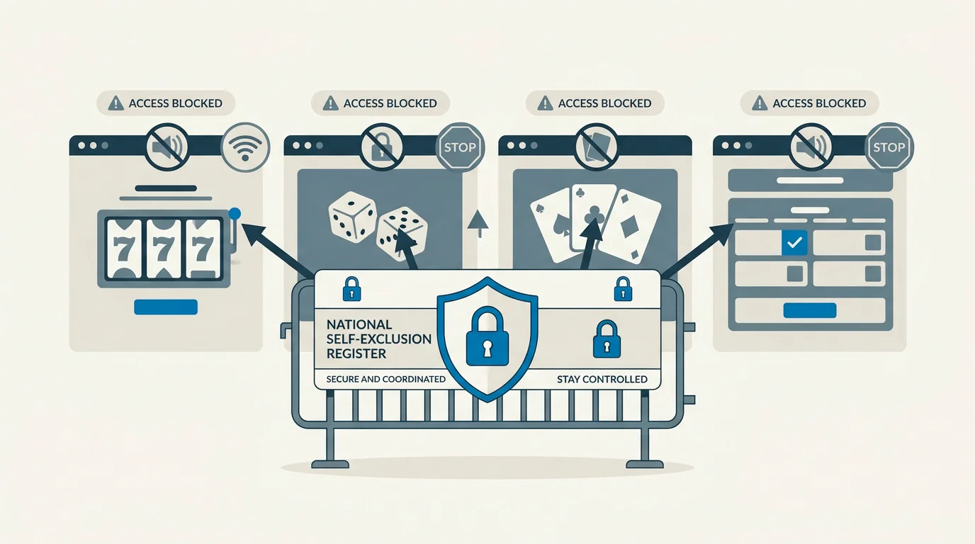 Diagram-style illustration showing how the GamStop self-exclusion register blocks UK-licensed gambling sites