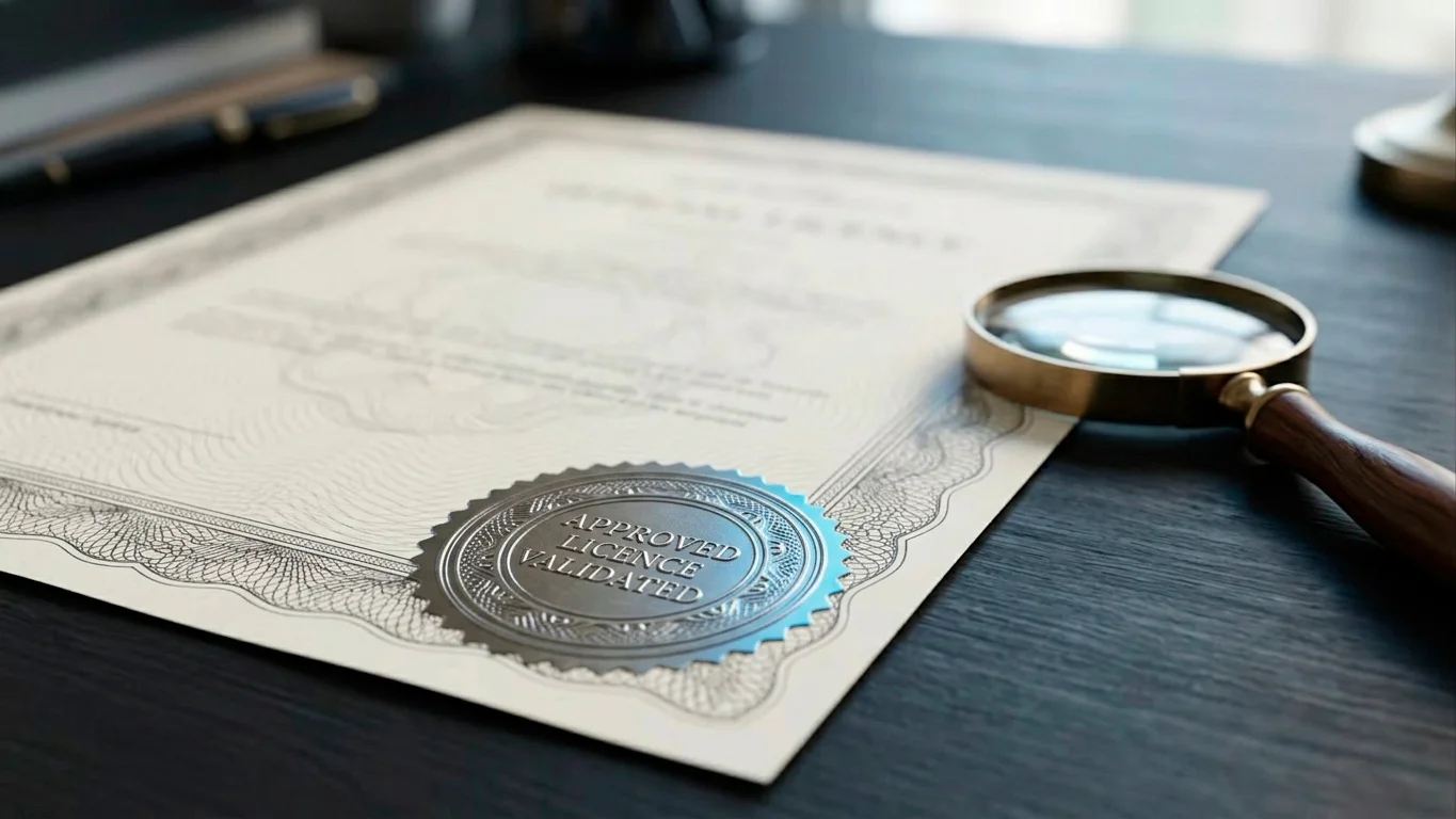 Official-looking licence document and embossed seal beside a magnifying glass representing UKGC licensing scrutiny