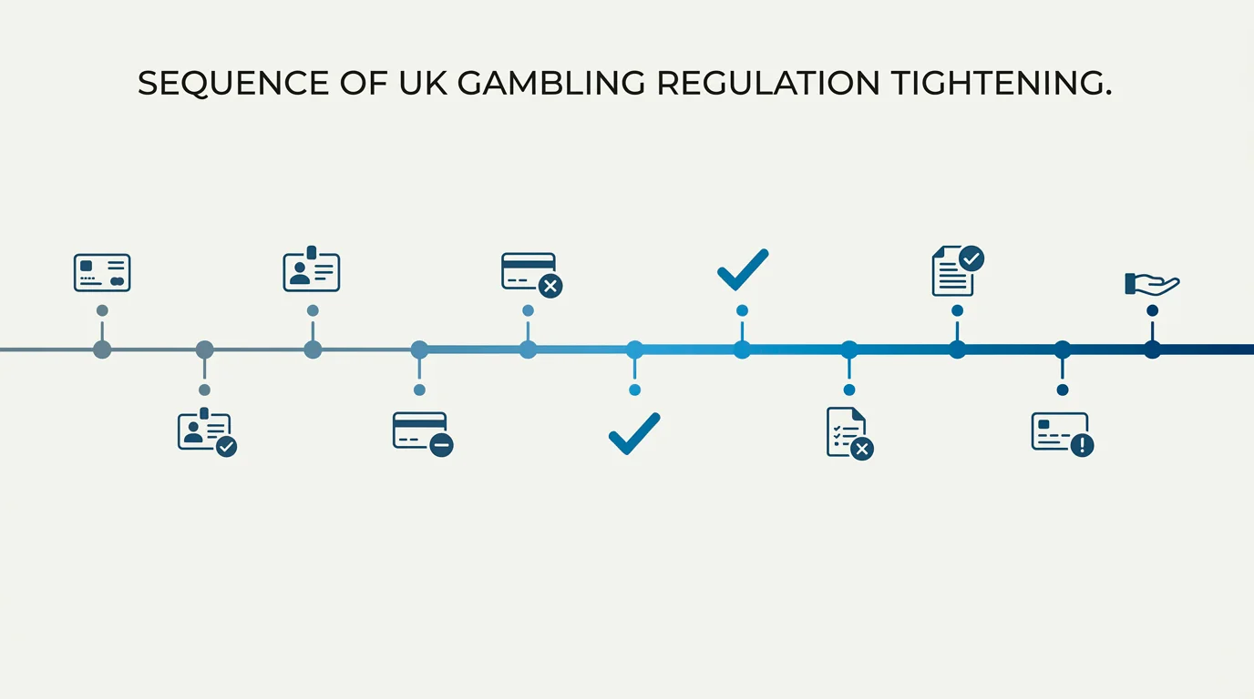 Timeline-style illustration of UK gambling regulation milestones from 2018 onward